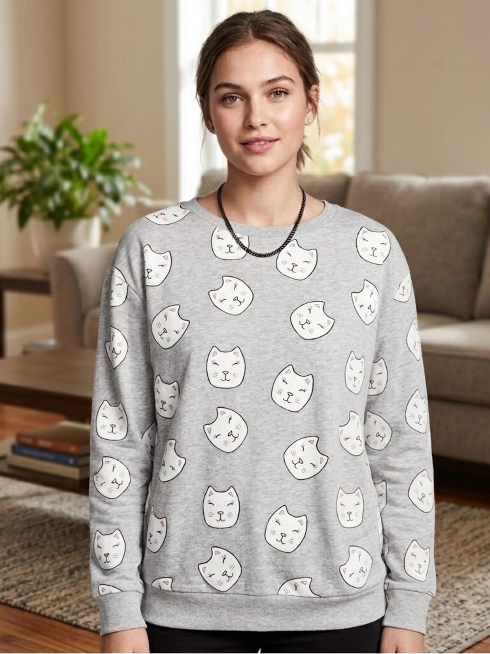 H&M Divided Gray Cat Print Crewneck Sweatshirt - Size Medium